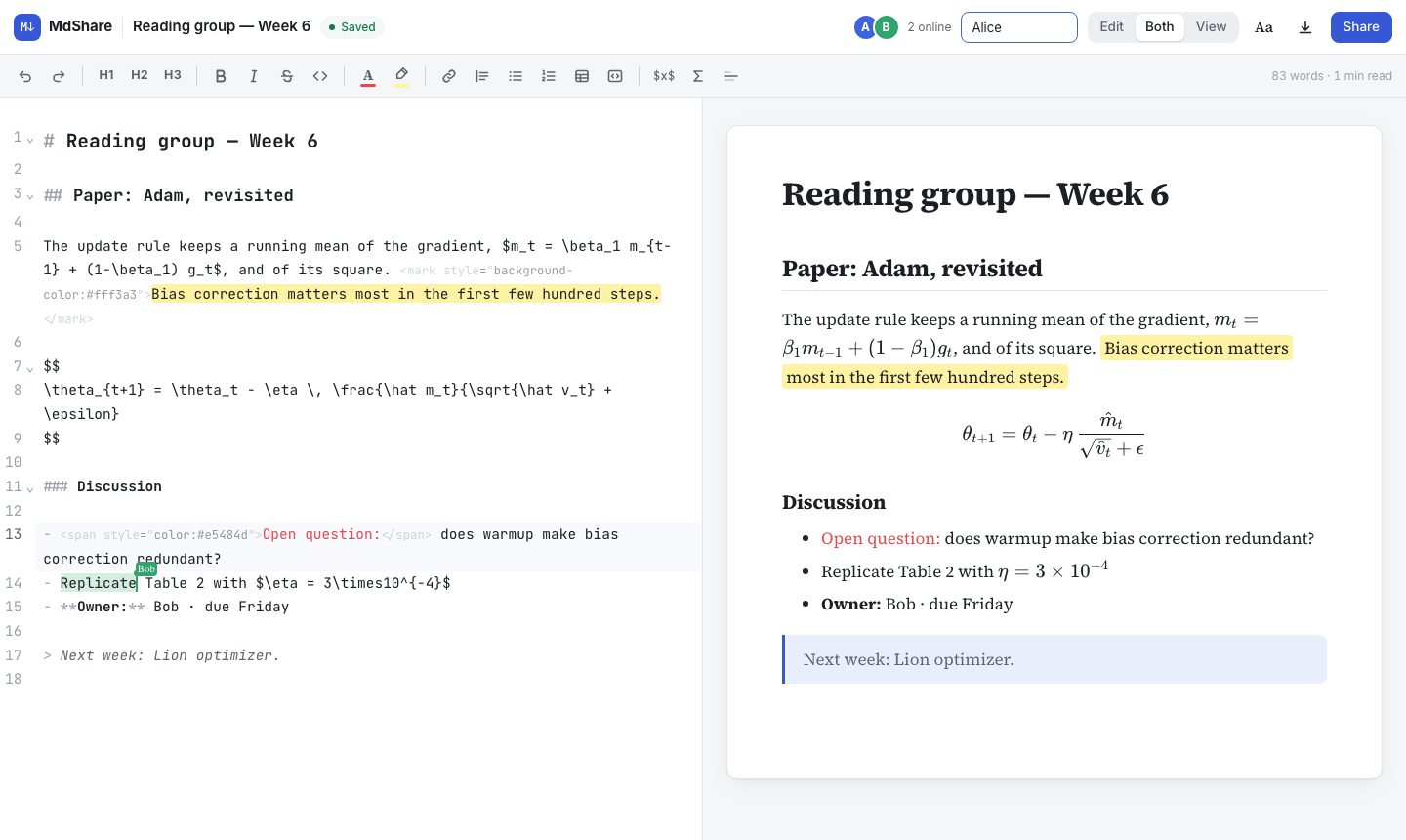 Labnotebook editor with Markdown and LaTeX on the left and the rendered page on the right